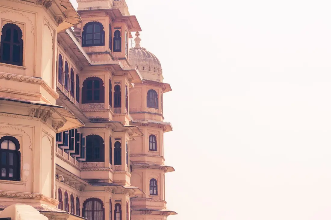 Carved jharokha balconies on a Rajasthan haveli facade
