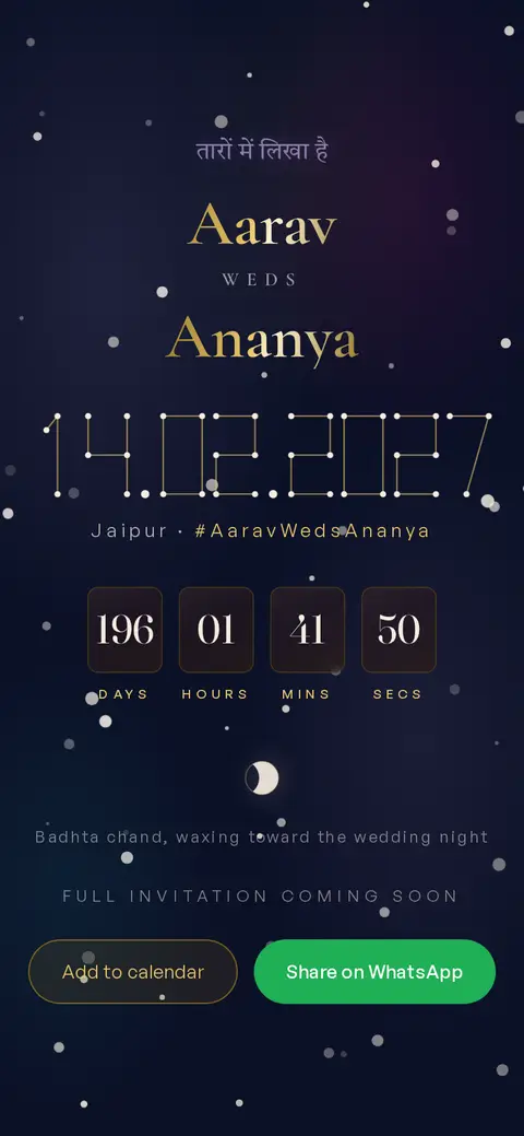 Live preview of the Sitare Countdown demo as guests see it on a phone